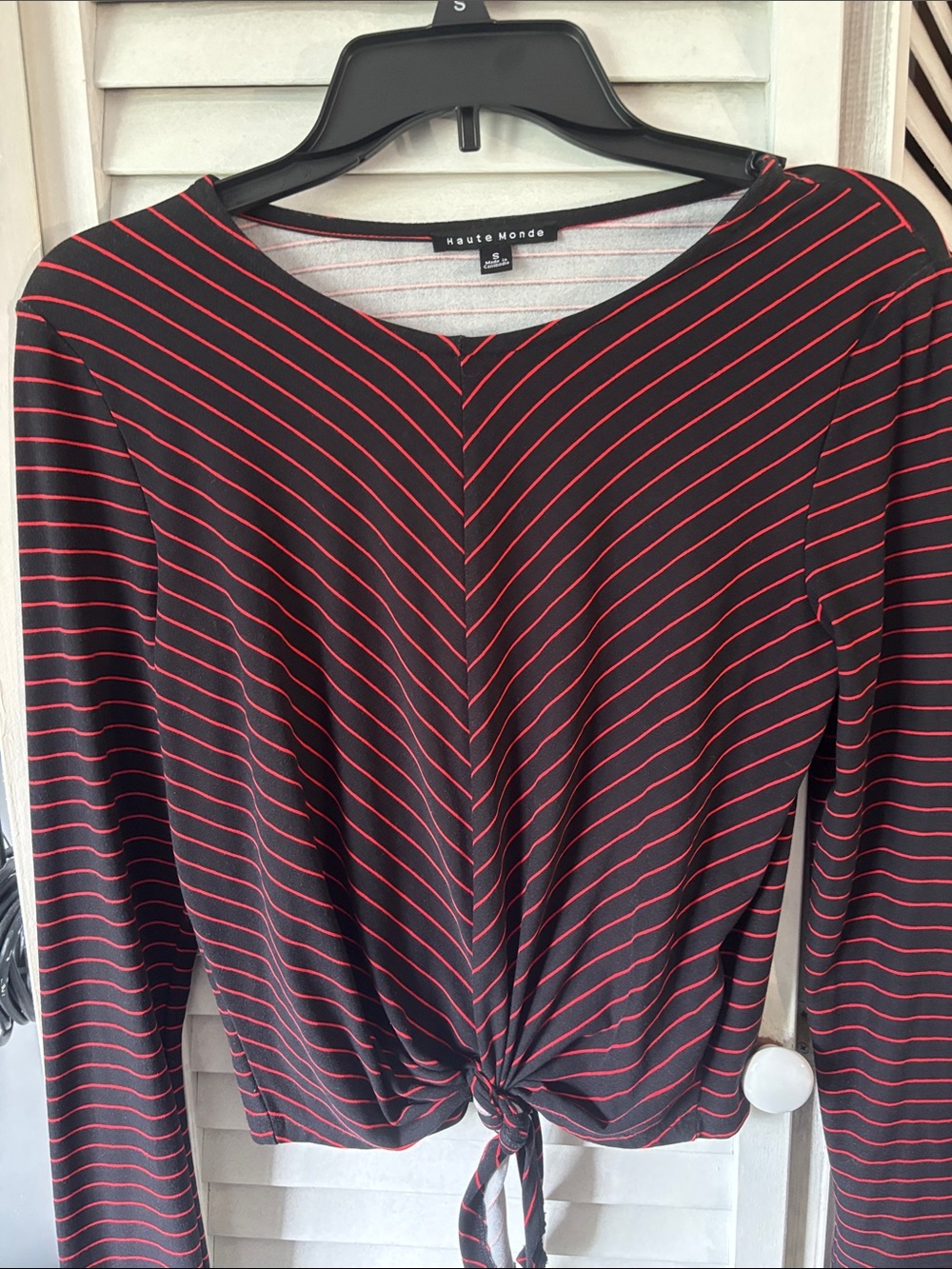Haute Monde Black with Red Striped Tie-Front Long Sleeve Top
